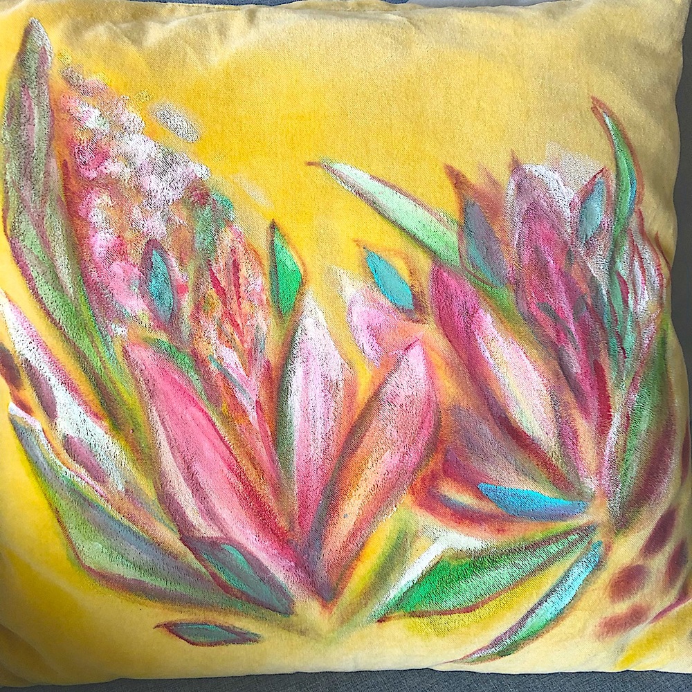 FLORAL HAND PAINTED YELLOW VELVET PILLOW